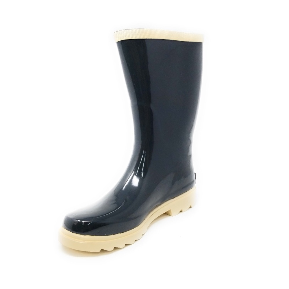 Women's 11" Rubber Rain Boots Wellies, Rainboots, Black / Beige - Picture 2 of 3
